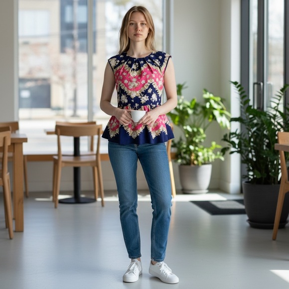 Pim + Larkin | Women’s Floral Peplum Blouse, Short Sleeve, Size S - Picture 2 of 13